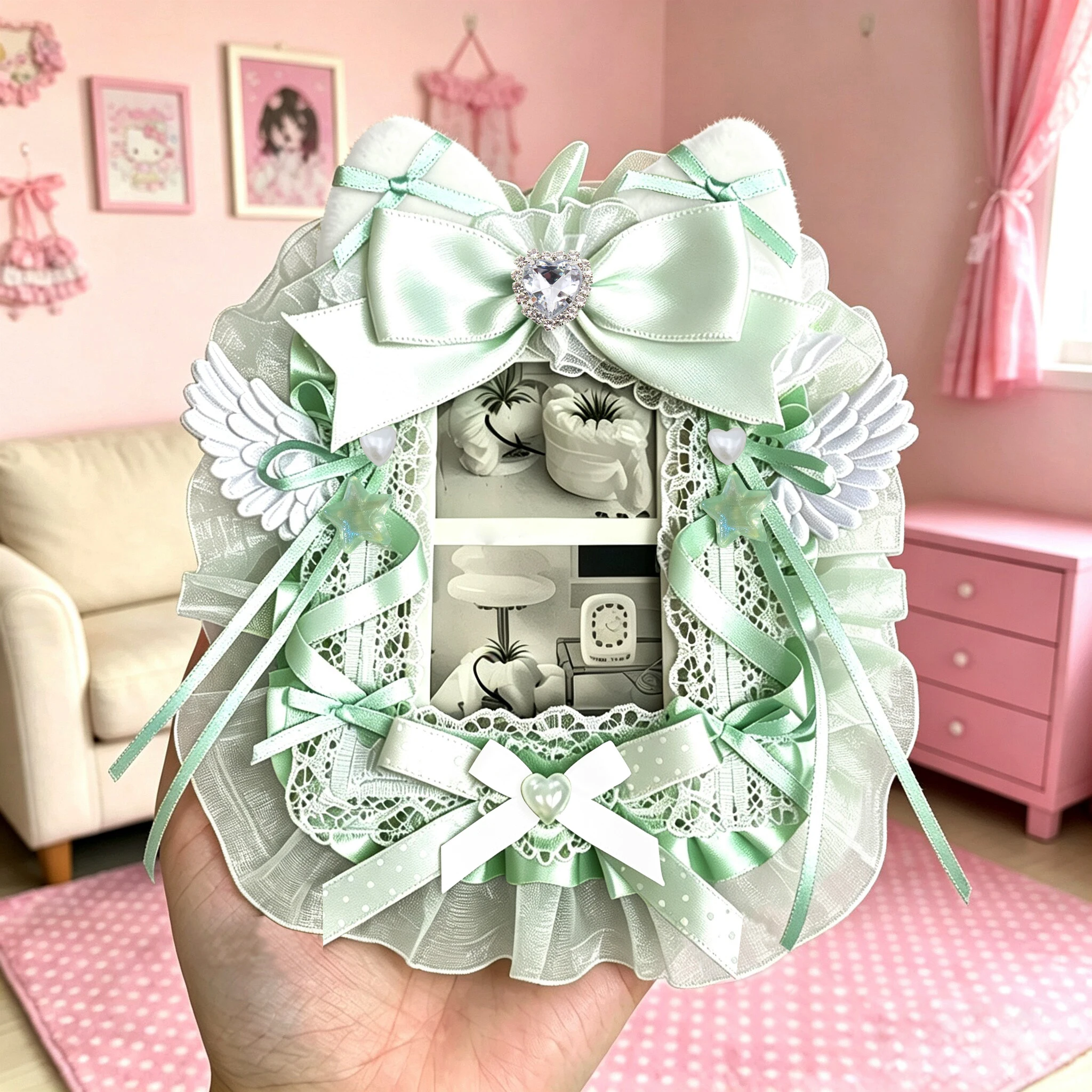 Plush Cat Ear Polka Dot Ribbon Angel Wing Lace Photocard Display Card Holder Lolita Bow 3 Inch KPOP Photocard Decor Border Macaron Color Polaroid Photo Frame Idol Collection Itabag Decor Ornament photocard topper