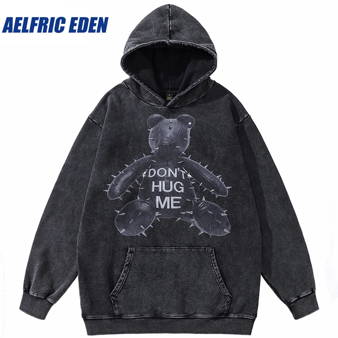 Aelfric Eden Funny Ironic Bear Graphic Hoodie Streetwear Hip Hop Oversized Hoodie Sweatshirt Retro Washed Cotton Hooded Pullover