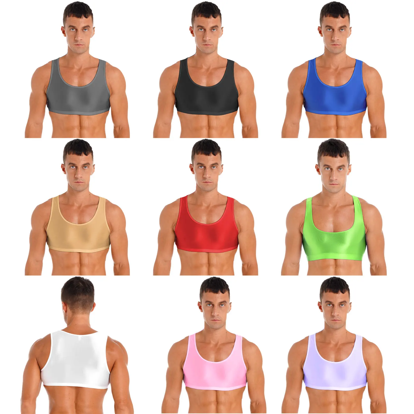 Mens Glossy Crop Tops Sleeveless Solid Swimwear Muscle Half Tank Top Tee T-Shirts Workout Fitness Gym Sports Vest Tops