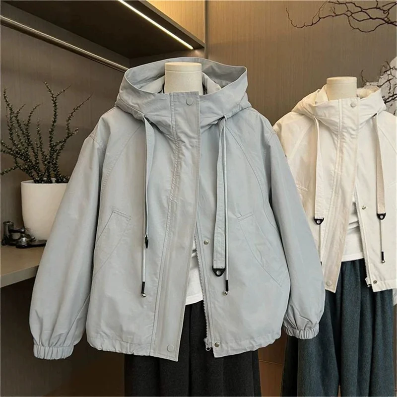 

Fashion Coat Women 2025 Spring Autumn New Windbreaker Jacket Loose Casual Hooded Loose Rope Drawing Tool Outerwear Ladies