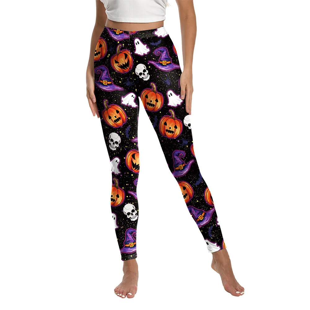 Halloween Pumpkin Ghost Graphic High Waist Yoga Leggings Stretch Slim Printed Workout Pants for Gym Training Women Outfits
