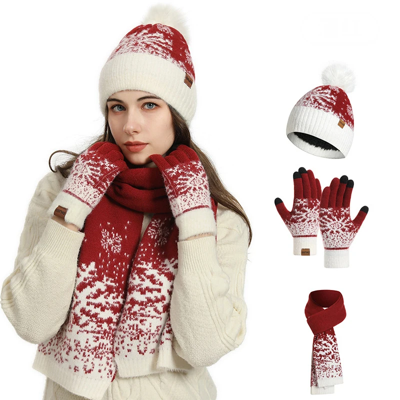 Christmas Snowflake Knit 3Pcs Set Winter Warm Pom‑pom Beanie Hat Touchscreen Gloves Long Scarf Soft Cold‑proof Matching Accessor
