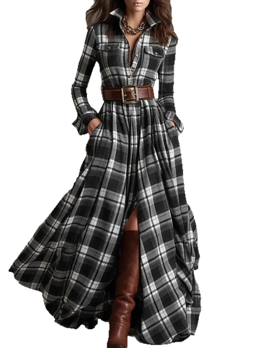 Retro Plaid Long Sve Dames Dr met riem College Sle Lange Dr-jurk Dagelijks gebruik Polyestervezel 00% Winter 2025