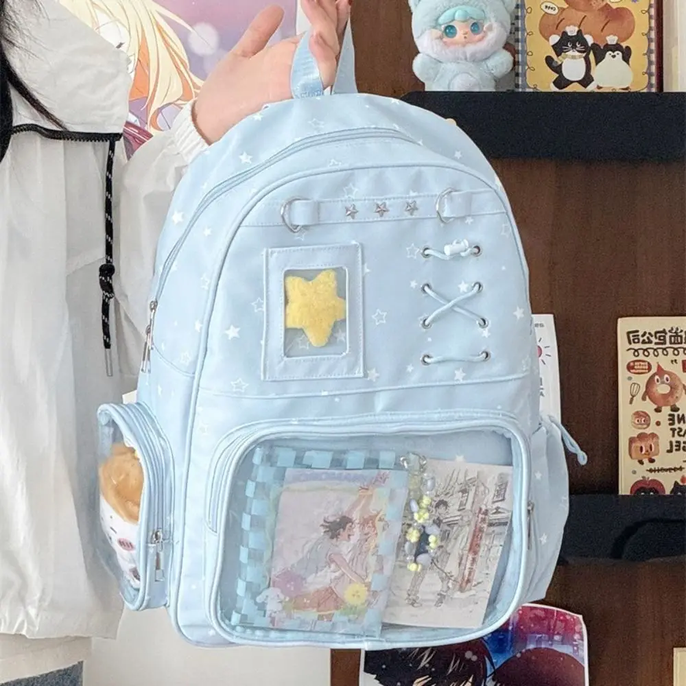 Kawaii Transparent Star Print Backpack Lolita Y2K Student School Bag Multiple Pockets Large Capacity Display Knapsack Travel Use
