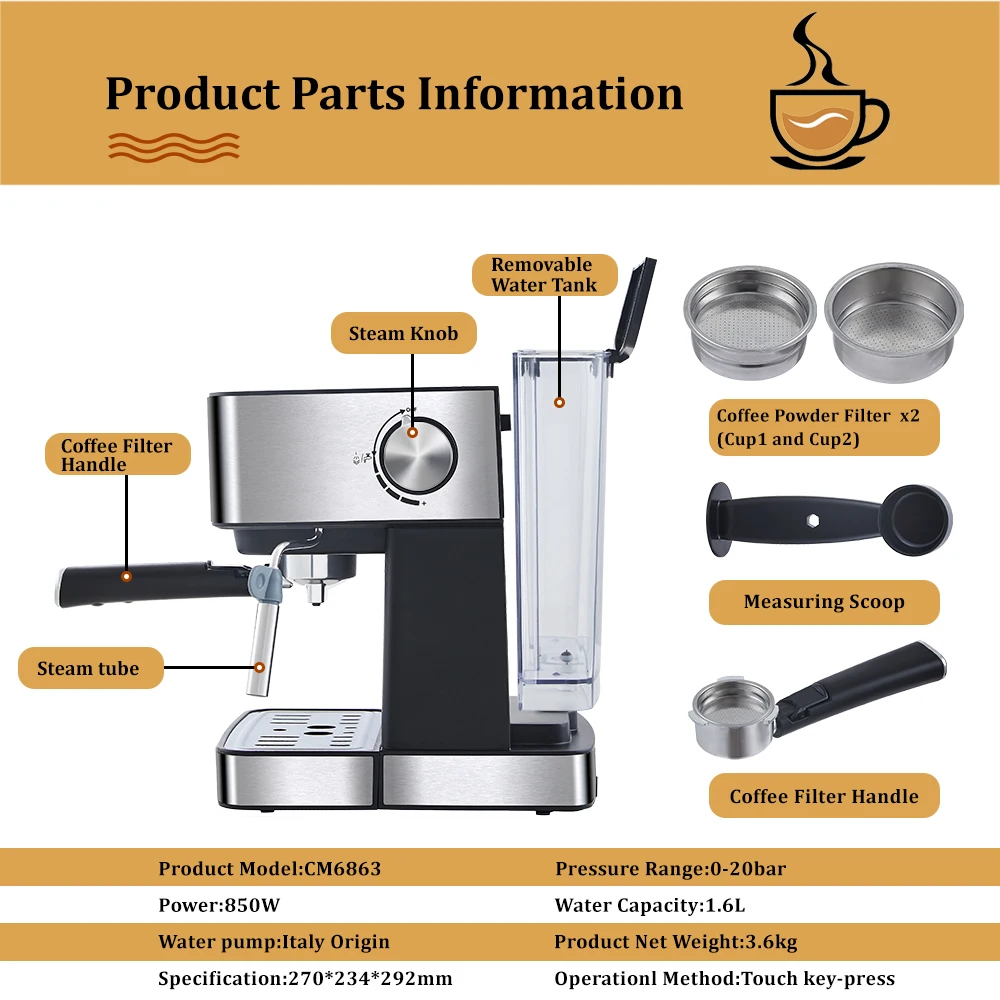 BioloMix-Máquina de Cafeteira Espresso Tipo Italiano, Bastão de Leite para Espresso, Cappuccino e Mocha, 20 Bar