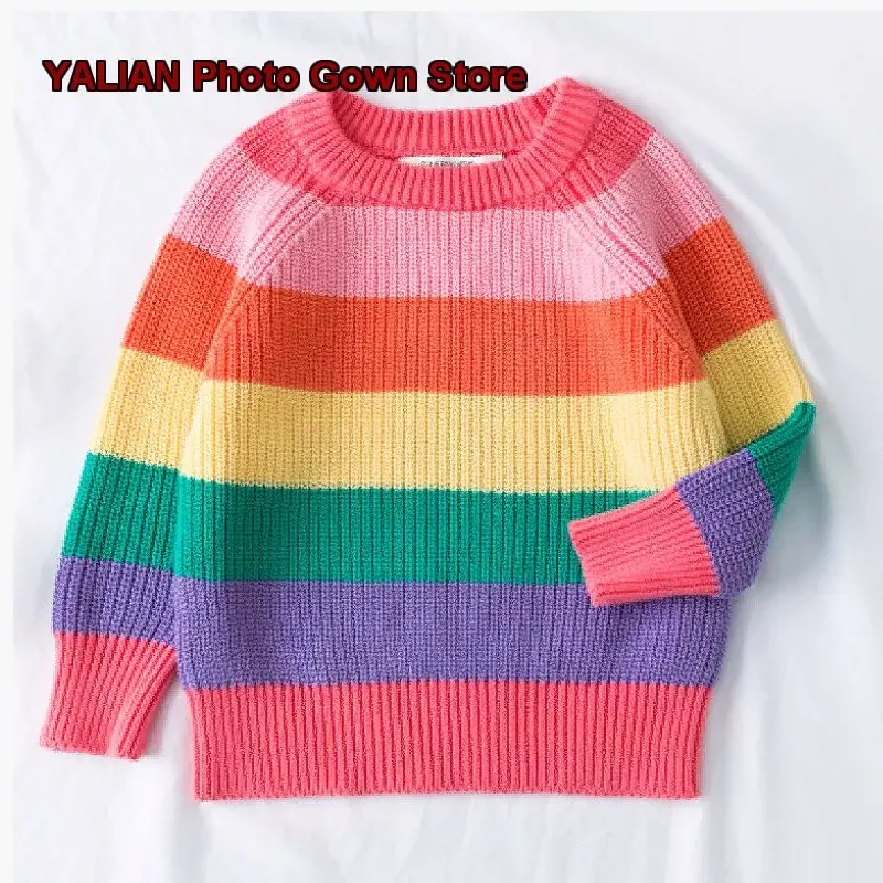 Kindergarten Autumn Winter Kids Pure Cotton Boys Girls Rainbow Striped Knit Top 1-6 Years Siblings