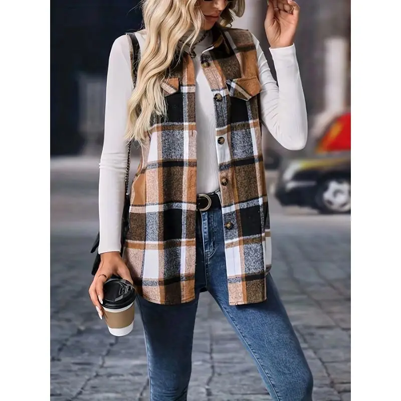 Latest Fashion Trend Women's Plus Size Plaid Print Folding Details Sleeveless Top Coat Women's Plaid Top Coat