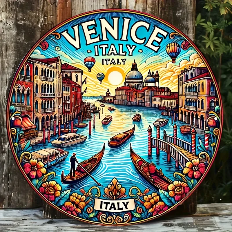 2D Flat, 1pc Vintage Venice Italy Aluminum Wall Art - 8x8 Inch Round Metal Sign with Iconic Gondolas, Canals & Landmarks, Vibran