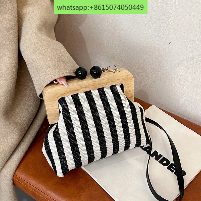 Women's bag fashion striped canvas wooden clip clutch shoulder crossbody bag