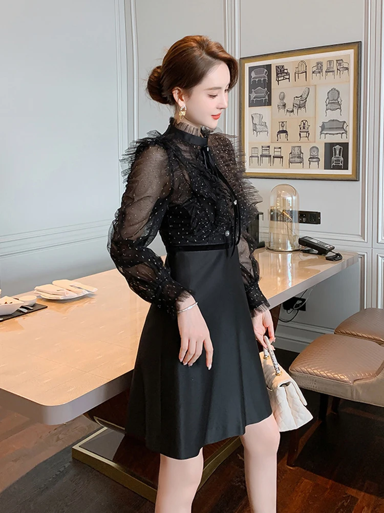 แฟชั่นElegantชุดผู้หญิงRetroหวานเซ็กซี่น่ารักSheerตาข่ายเดี่ยวBreastedชุดสั้นหญิงParty Streetวันที่Vestido