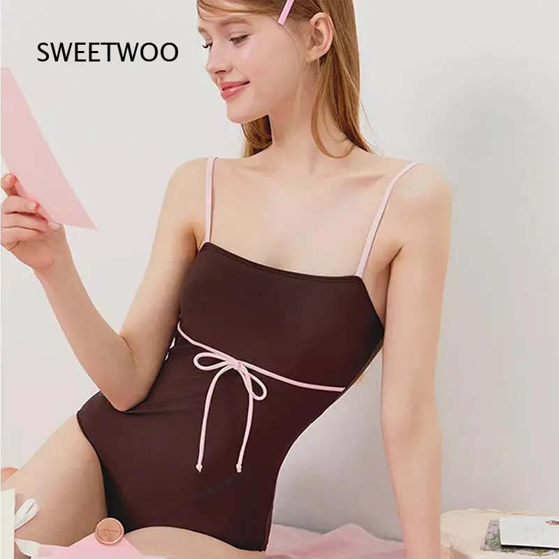 Women One Piece Spaghetti Strap Swimsuit Square Neck Tie Front Bathing Suit Solid Color Beach Swimwear For Summer Pool