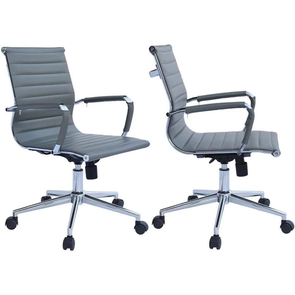 Set of 2 Modern Office Desk Chairs Mid Back Ribbed PU Leather Conference Task Armchairs with Swivel Tilt & Adjustable Height