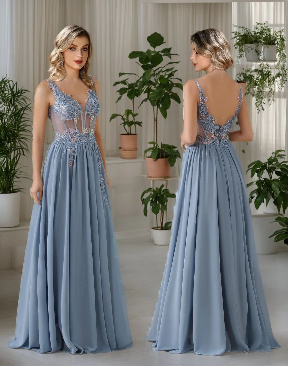 

2025 Women Sexy Prom Dresses Spaghetti Straps V-Neck Backless Sling Evening Dress Lace Appliques Chiffon A-Line Maxi Party Gowns