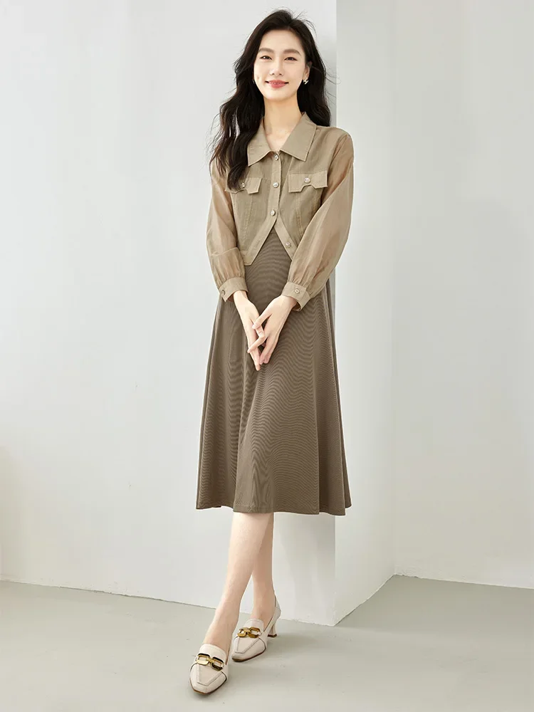 Vimly Office Lady 2 Piece Dress Set Autumn 2023 Turn Down Collar Long Sleeve Thin Shirt and Sleeveless Slim Midi Dress 30025