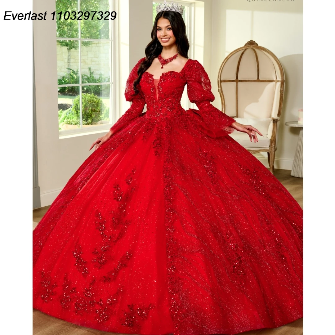 EVLAST Customized Fuchsia Quinceanera Dress Ball Gown Long Sleeve Lace Applique Beaded Bow Sweet 16 Vestido De 15 Anos TQD458