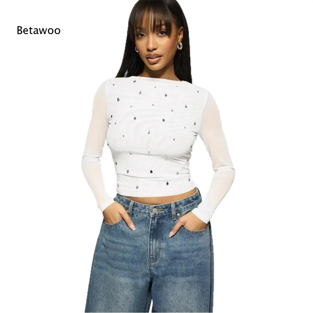 Form Fitting Rhinestone Mesh Long Sleeve Crop Top