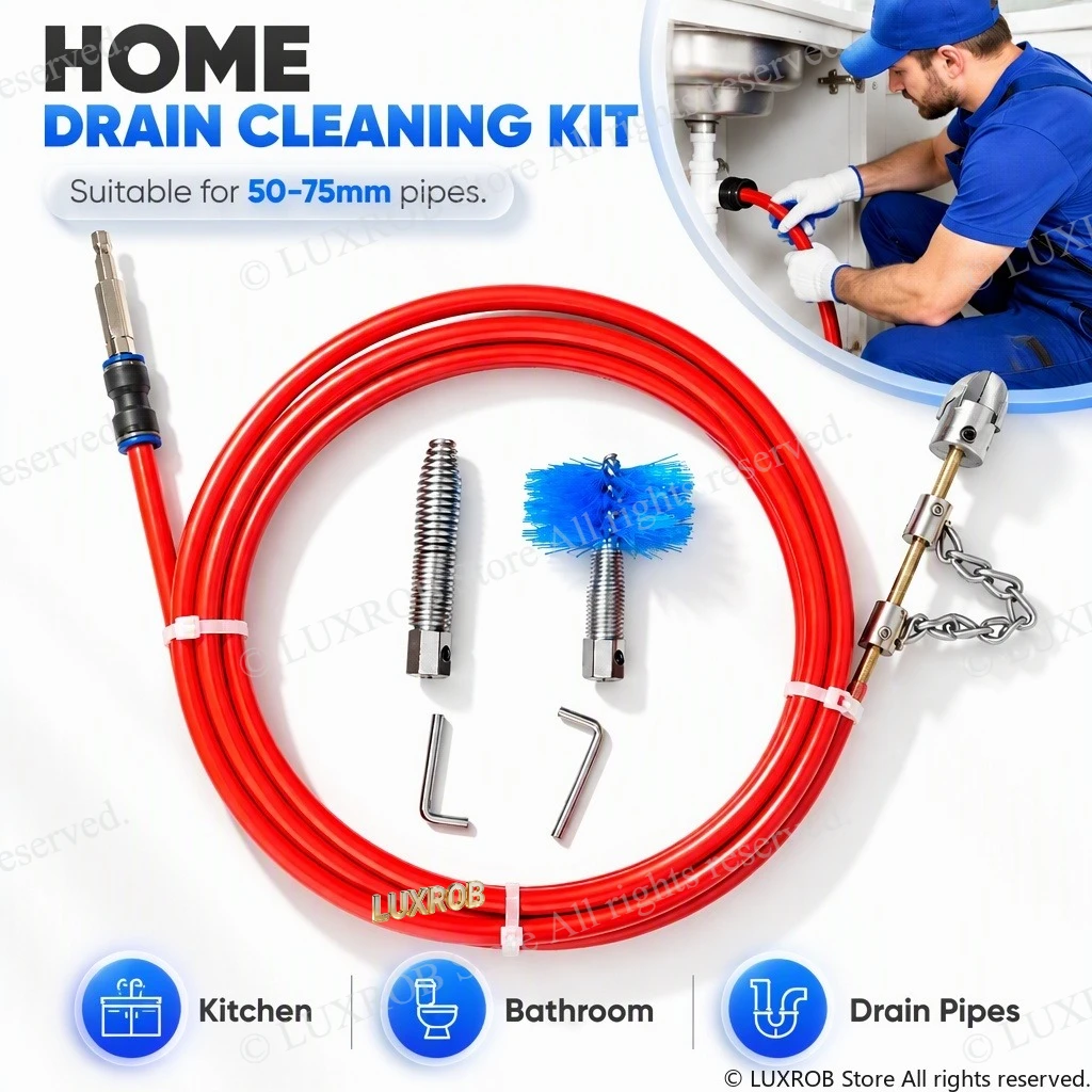 Drain Cleaning Kit Electric Drill Auger 8mm PE Pipe 4 Drill Heads 50-75mm Sewer Clog Remover Kitchen Bathroom Drain Cleaner