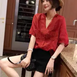 Cotton and Linen Top Women's Red Shirt Short Sleeved Loose Linen Cotton V-neck Shirt 2024 Summer New Item European Station