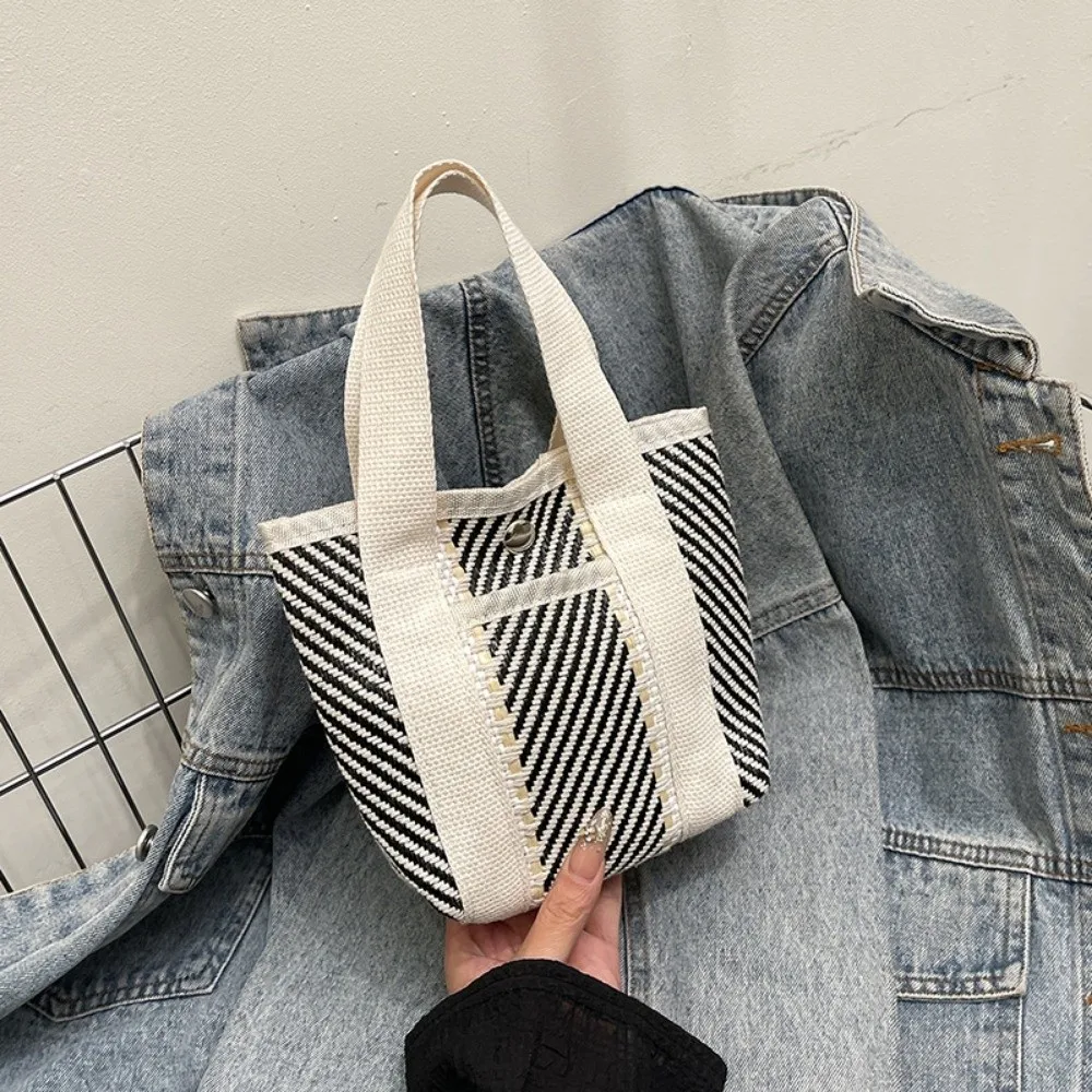 

Portable Contrast Color Stripe Weave Bag Stripe Pattern Soft Polyester Small Cloth Bag Tote Bag Picnic