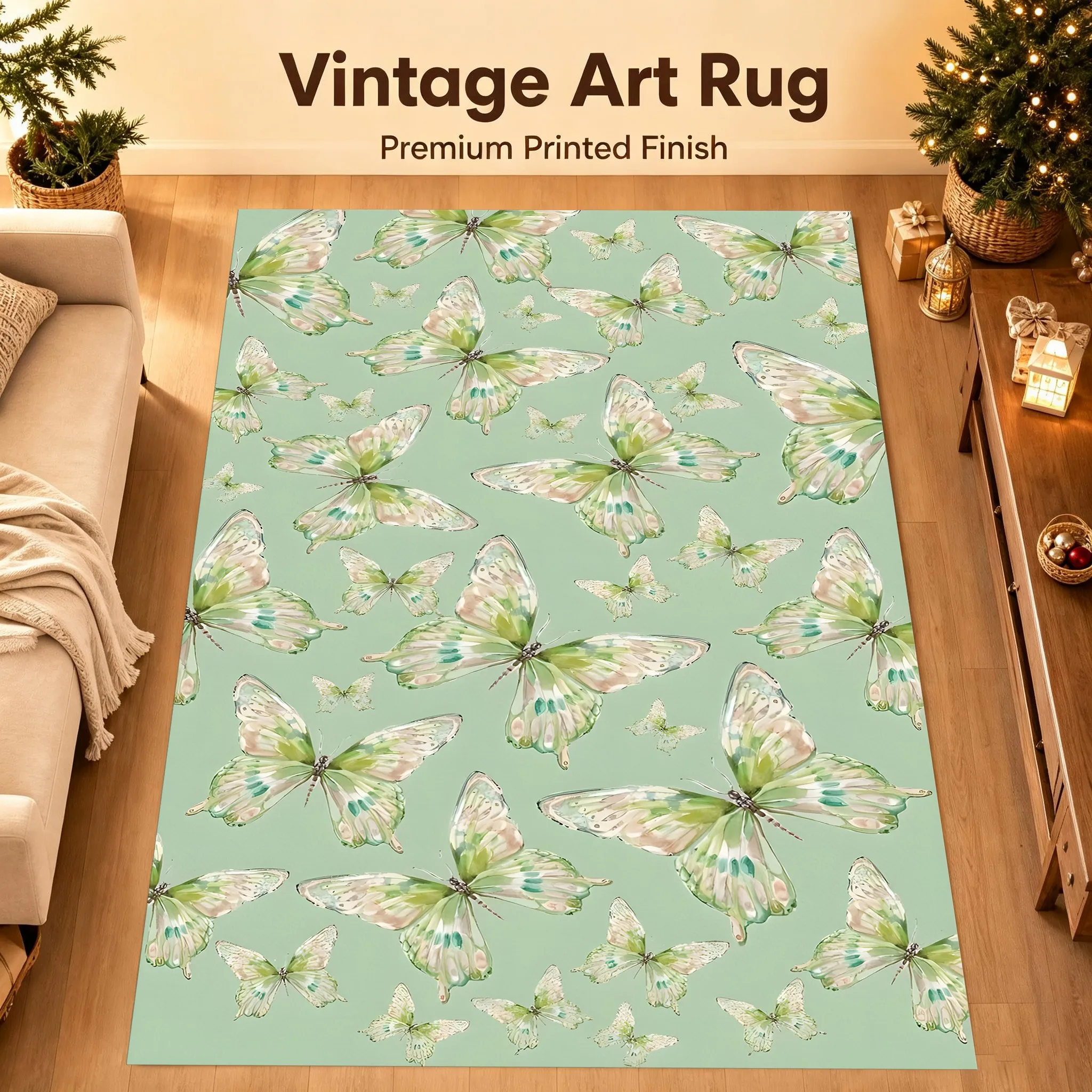 Light Green Watercolor Butterfly Print Rug Soft Velvet Area Carpet Living Room Bedroom Home Decor