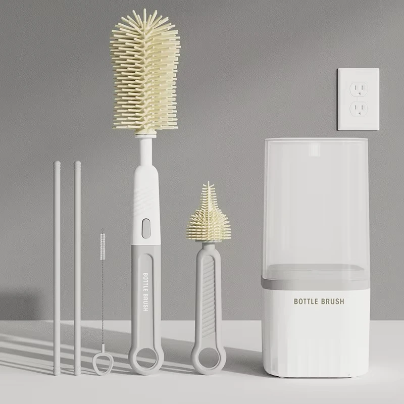 Baby Silicone Bottle Brush 360° Rotating Drying Rack Combination Bottle Washing Brush Portable Straight Handle Cleaning Tool Set