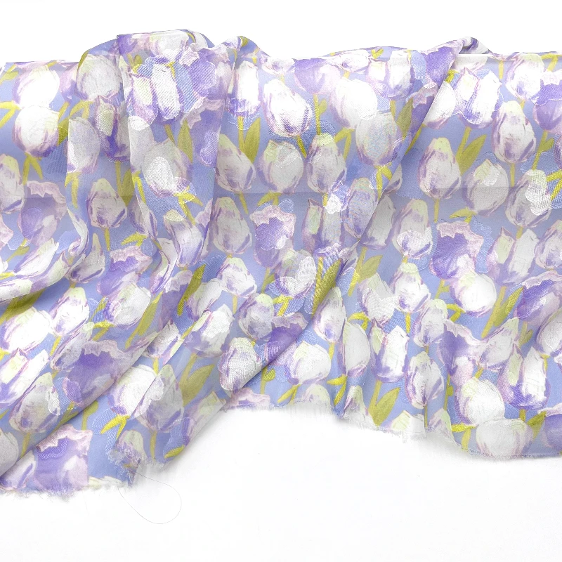 

Прозрачная шифоновая ткань с принтом лавандового тюльпана, жаккардовый вырез, материал платья ханьфу, весна-лето, легкий декор для штор, текстиль