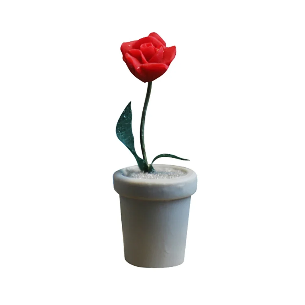 1Pcs 1/12 Dollhouse Accessories Miniature Resin Rose Potted Plant Mini Flower Model Doll House Decoration OB11