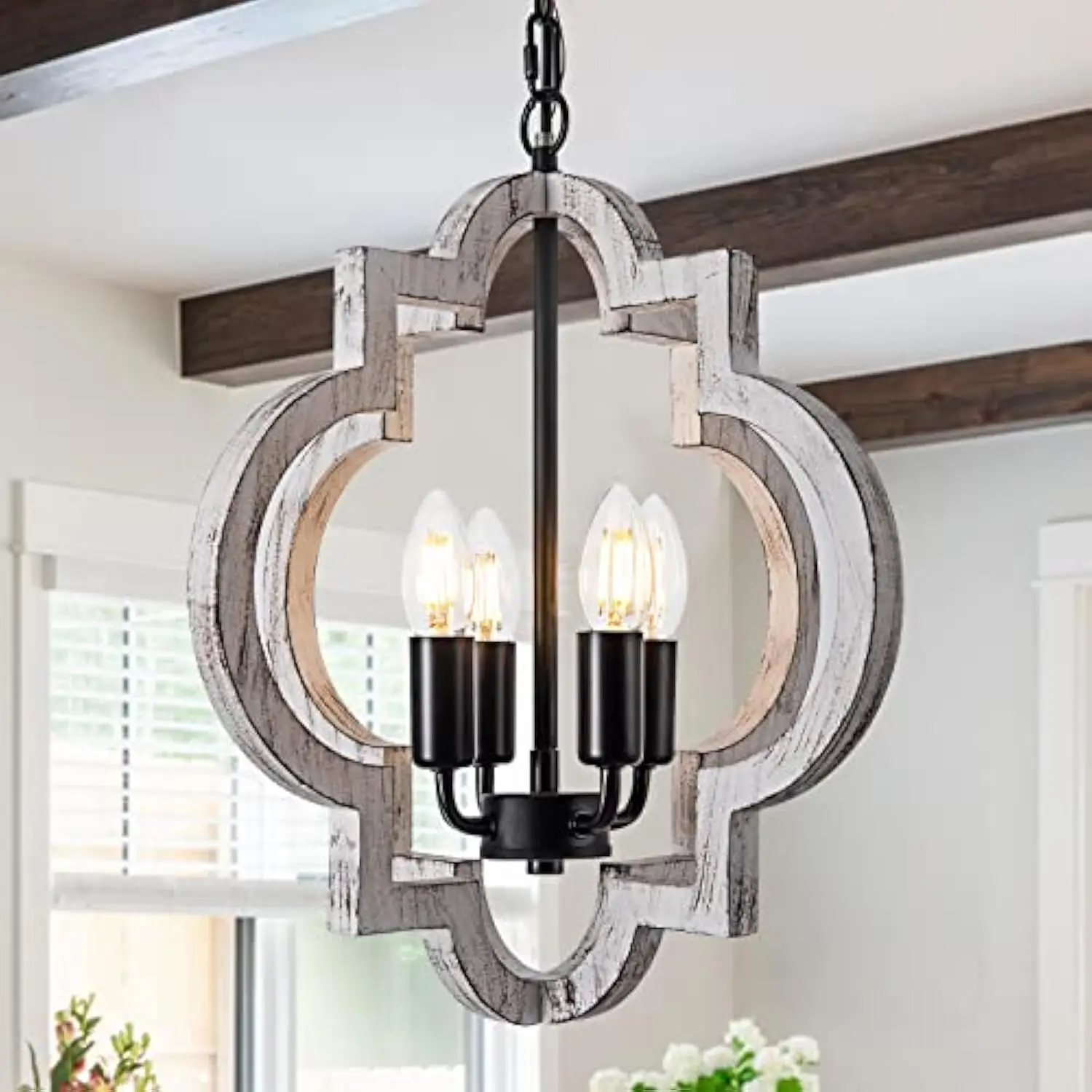 

4-Light 15 Farmhouse Orb Chandelier Rustic Handmade Distressed White Wood Hanging Ceiling Pendant Light Fixture Wood Lantern Ch