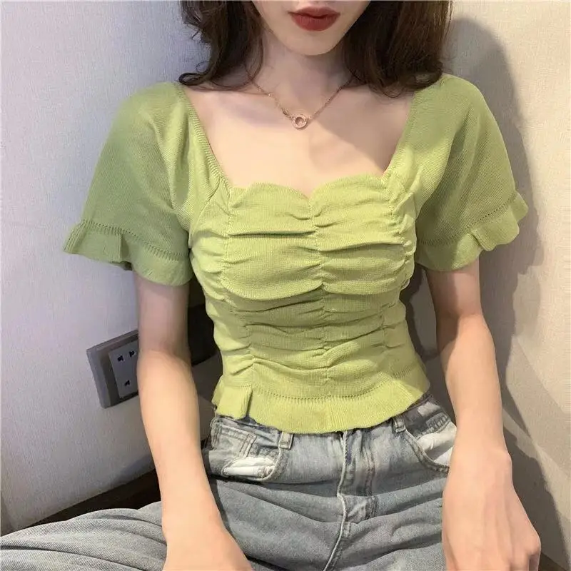 Summer Ice Silk Square Collar Irregular Short Sleeve Top Solid Ruffles Short Crop Tops T-Shirt Casual All-match Women Clothing