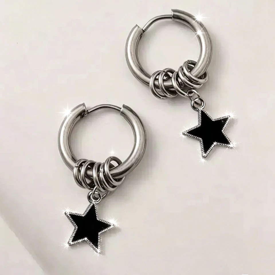 Yupsk Hip-hop Punk Pentagram Star Pendant Titanium steel Hoop Earrings Personalized Korean Fashion Ear Accessories for Women
