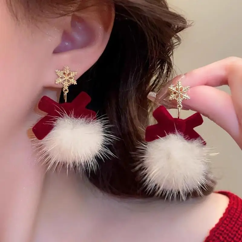 Cute Pompom Ball Bowknot Snowflake Plush Earrings Christmas Sweet Fashion Jewelry For Women Girls New Year Gifts