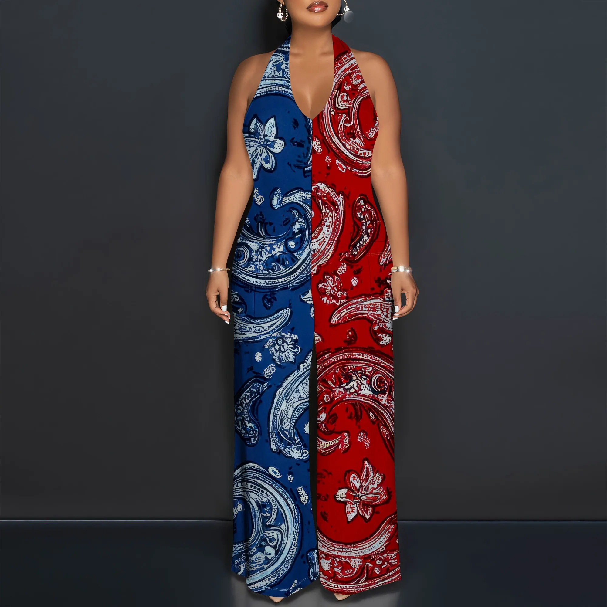 

Boho Asymmetric Print Halter Jumpsuit - Wide Leg Palazzo Romper with Artistic Design