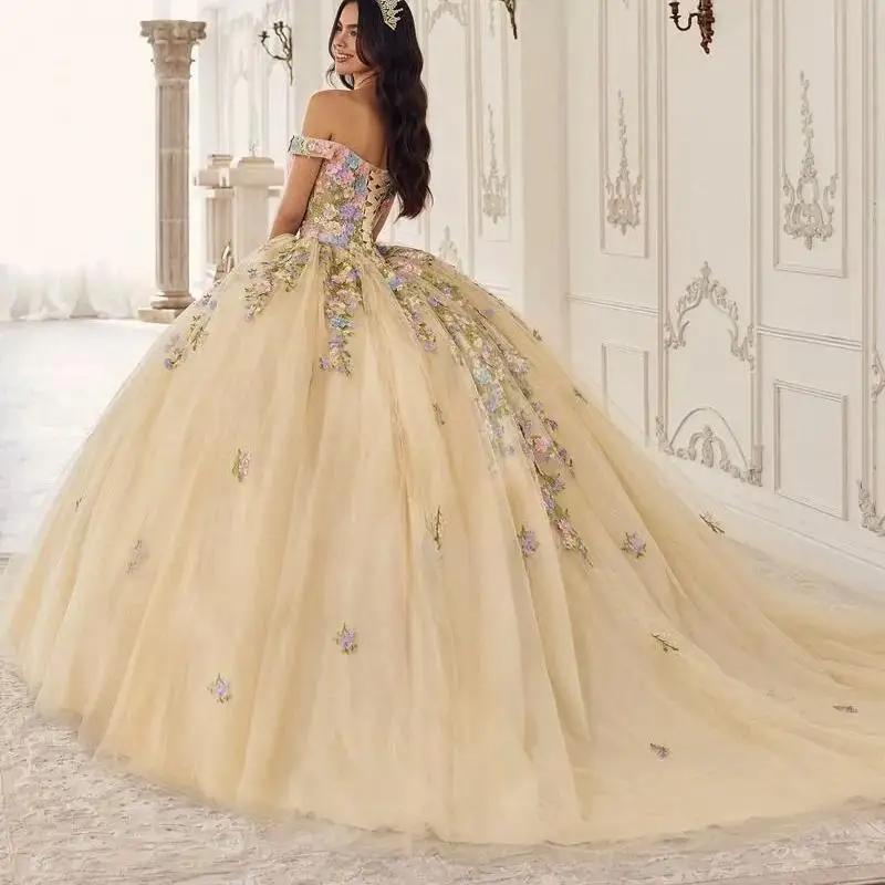 Светло-желтые платья Quinceanera ручной работы с 3D цветочным принтом по индивидуальному заказу для девочек, бальные платья со шнуровкой, Vestidos De Quinceanera