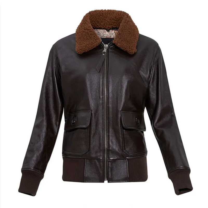 Giacca da pilota in pelle marrone scuro G1 da donna stile militare taglie forti 3XL Cappotto in vera pelle di volo con colletto in lana di vacchetta