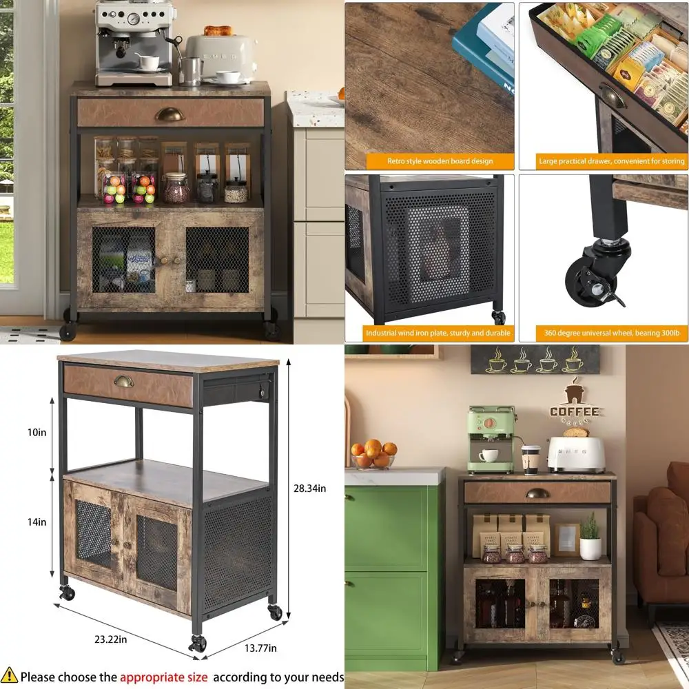 

Farmhouse Style 3-Tier Kitchen Coffee Cart with Drawer, Movable Home Coffee Station Table for Storage and Organization