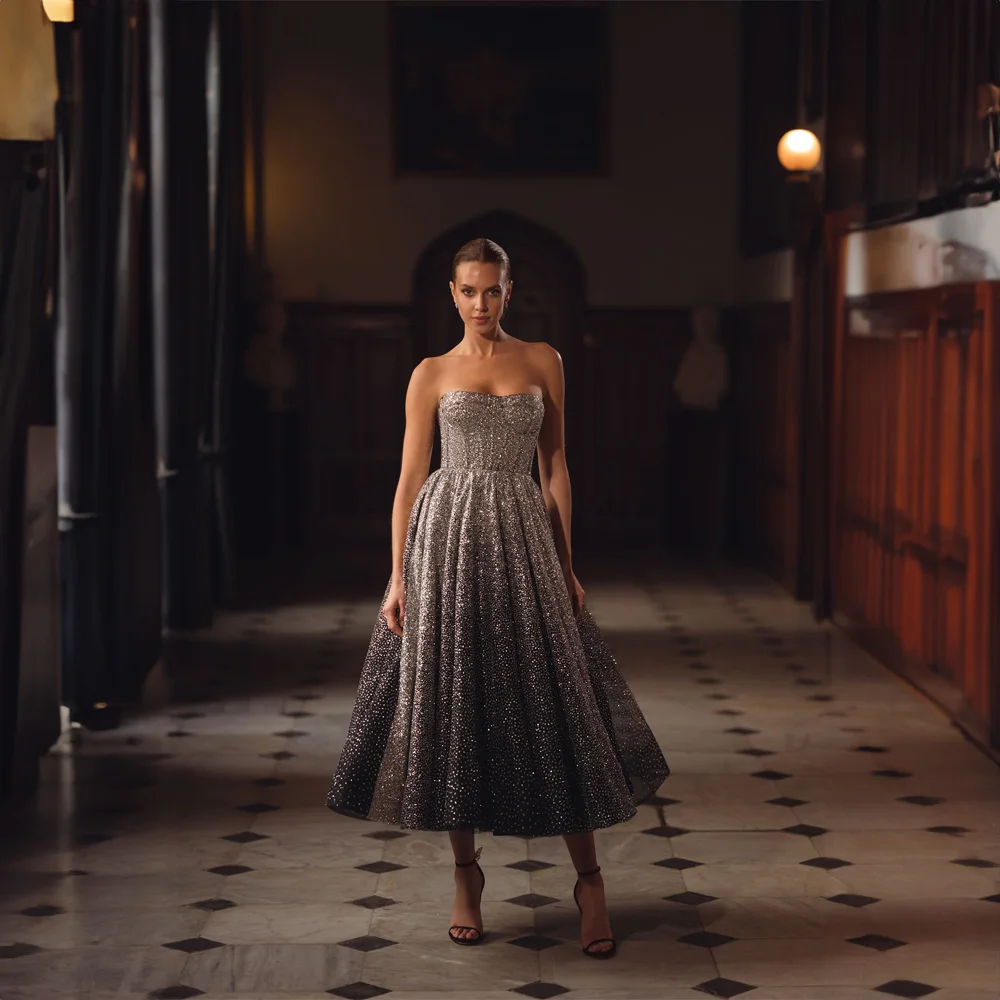 Robe de Bal Plissée à Paillettes pour Femme, Col en Cœur, Ligne A, Longueur Thé, Fibre, Robe de Soirée