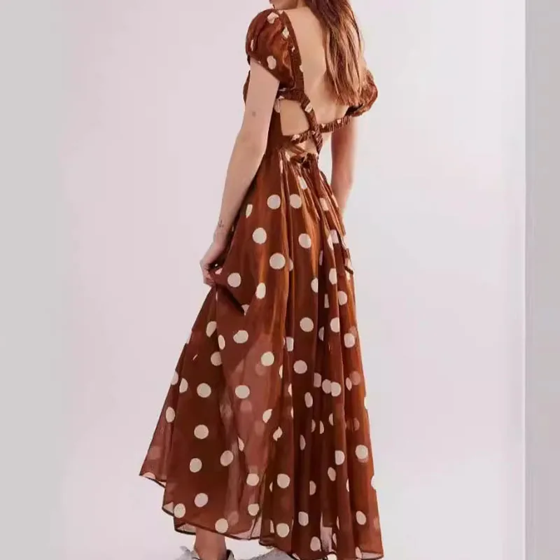 Vintage Floral Print O-neck Party Dress Summer Bohemian Slim Women's Long Dress Sexy Hollow Out Backless Bandage Beach Dresses