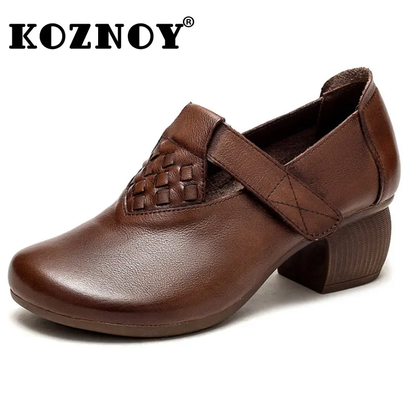 

Koznoy/женские летние туфли из натуральной кожи на низком каблуке 5 см в стиле ретро, женские мокасины с круглым носком на крючках