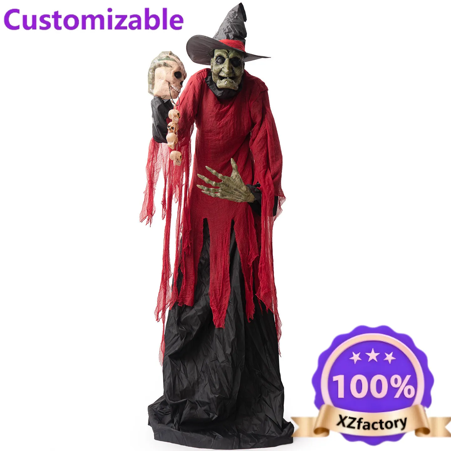 Factory Direct 2026 Halloween 2.5m Large Infrared Sensor Holding Skeleton Red-Attired Witch Statue