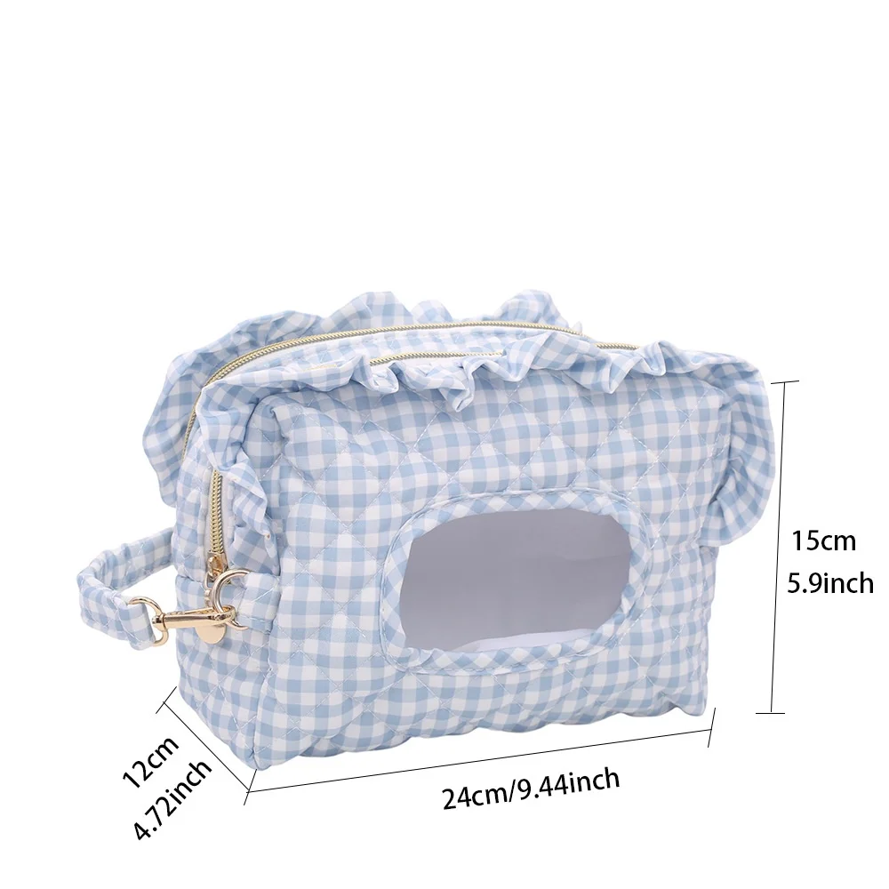 Quilted Plaid Ruffle Fabric Storage Bag Multifunctional Travel Pouch Large‑Capacity Double Layer Zipper Cosmetic Makeup Bag