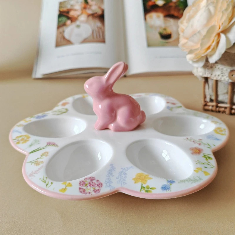Ceramic Rabbit Deviled Egg Tray White Egg Platter for Party Farmhouse Ceramic Tableware Hot Pot Balls Cute Rabbit Egg Holder