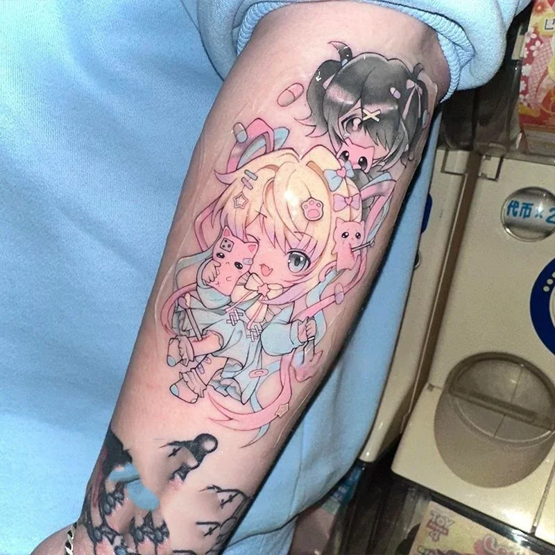 

Anime Girls Temporary Tattoos Cartoon Twins Durable Lifelike Waterproof Fake Tattoo Sticker Realistic Arm Waist Body Art Tatoo