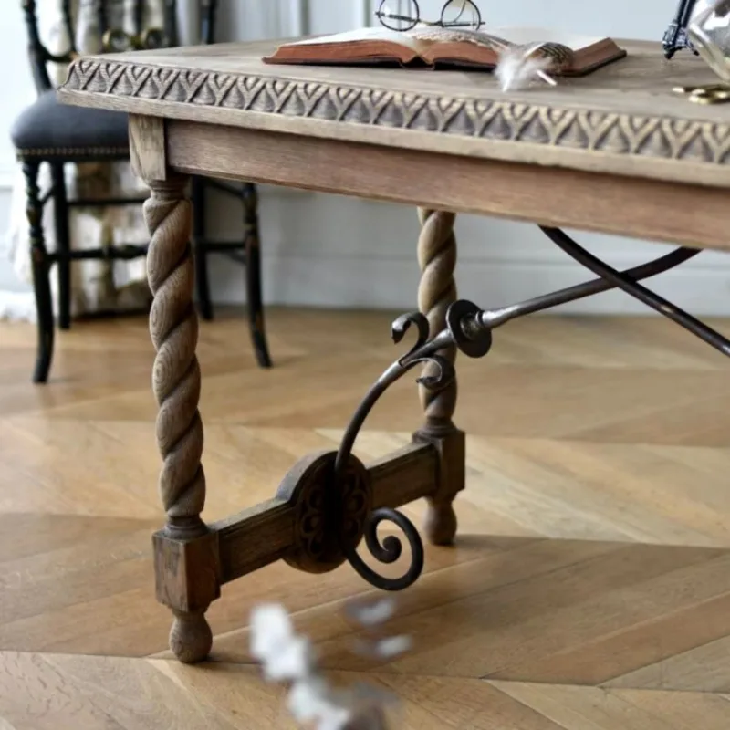 Francês retro coluna romana escultura em madeira maciça longa mesa de jantar europeu casa log convidado mesa de jantar