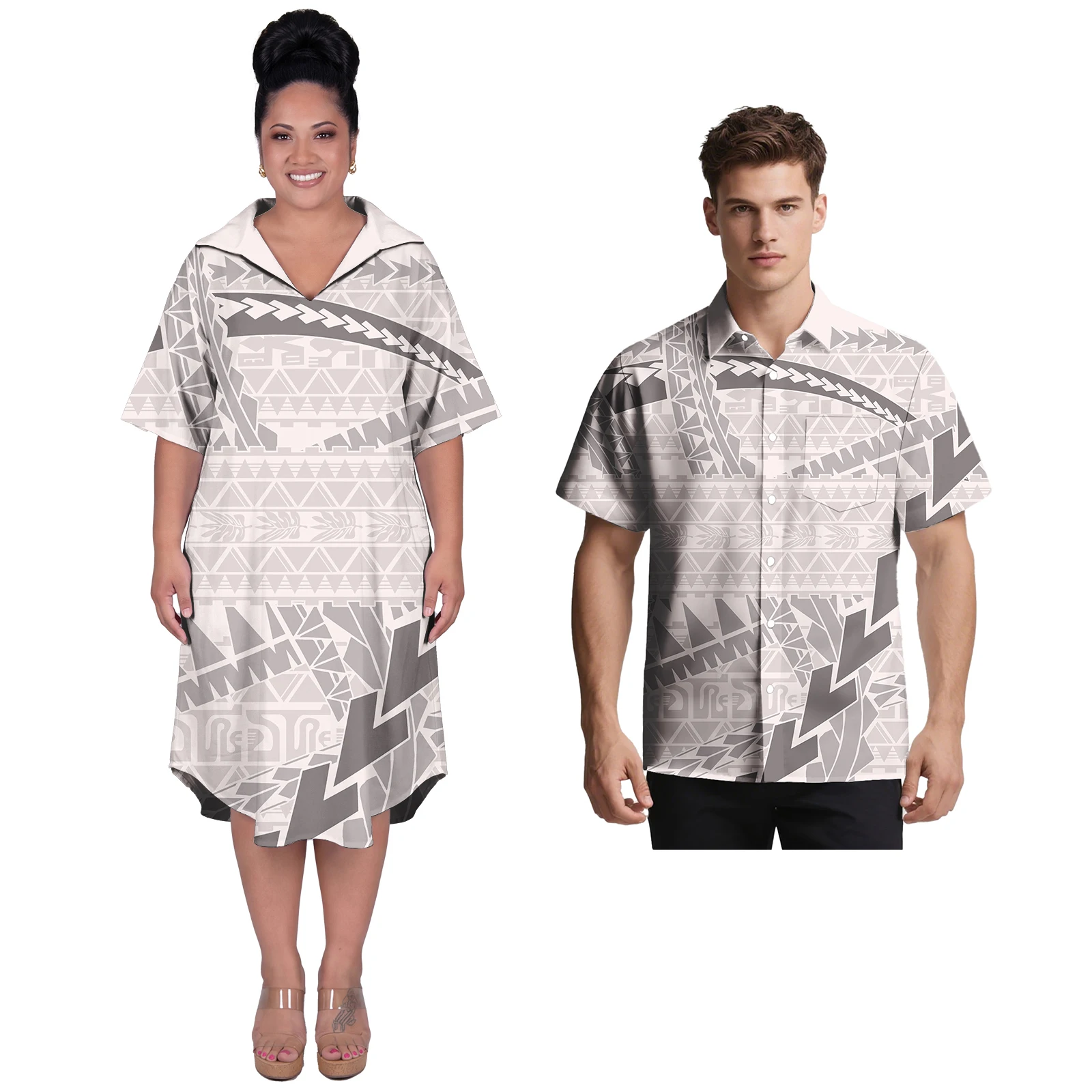 

Samoan Tribal Couple Suit Hawaiian Monstera Leaf Beach Men Shirts Women Dress Polynesian Casual Couple Outfit Custom 2 Piece Set