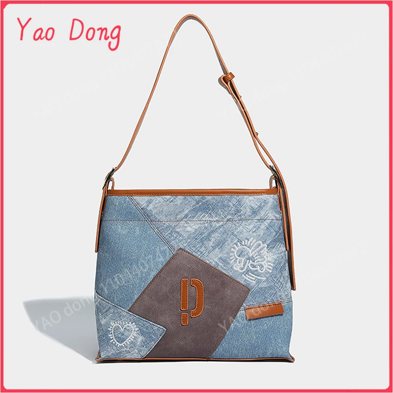 Yao Dong Denim Tote Bag For Women Luxury Designer Handbag Purse 2024 New In Fashion Graffiti Large Capacity Commuting Shoulder C