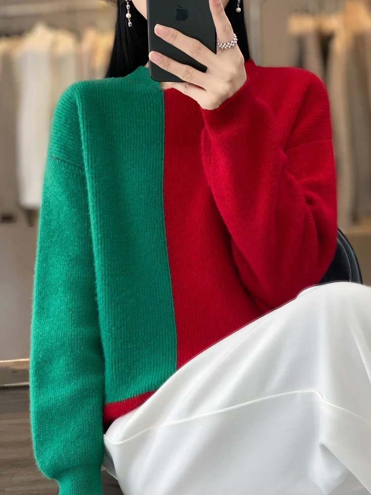 Autumn and Winter Cashmere Sweater 100% Merino Wool Knitting Color Contrast Clothing Women\'s O Neck Pullover Top Fashion Korean