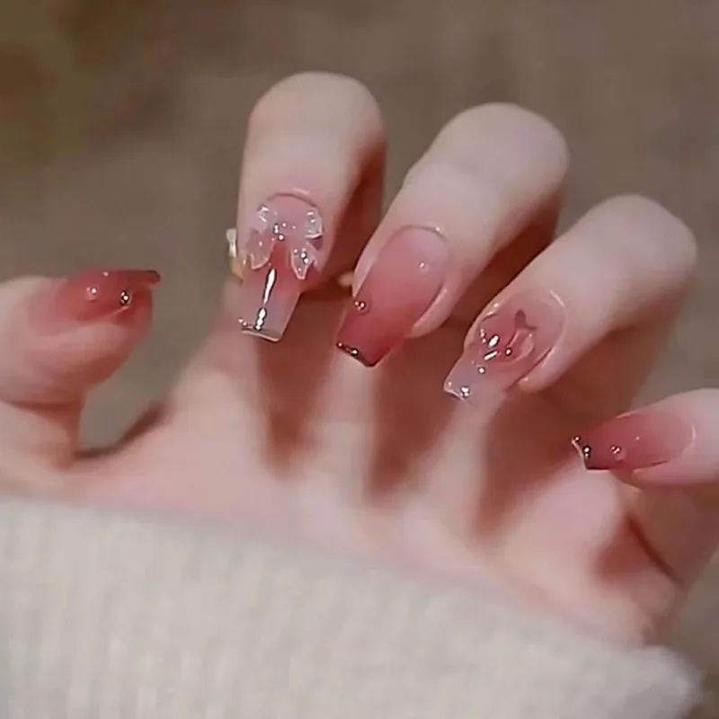 24 piezas de uñas postizas medianas de ataúd lindo de mariposa rosa, uñas postizas degradadas de cobertura completa para mujeres y niñas