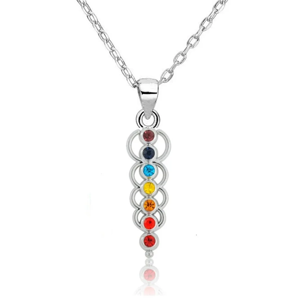 My shape 7 Color Crystal Pillar Chakra Pendant Necklace for Women Metal Zinc Alloy Rhinestones Necklaces Vintage Jewelry Amulet