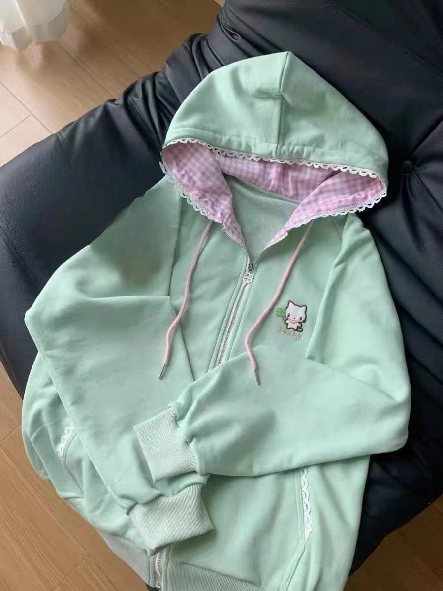 原宿風スイート長袖レースフード付きジャケット刺繍入りレディースカジュアルY2Kカワイイ漫画プリントジッパーコートアニメ2025秋