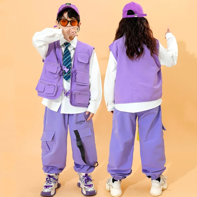 Children Hip Hop Purple Vest Cargo Pants Girls Streetwear Boys Street Dance Joggers Kids Jazz Costumes Fashion Clothes Sets